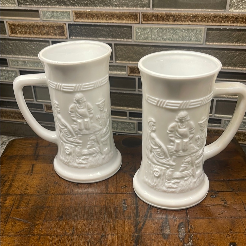 Vintage Milk Glass Stein with Bar Scene
